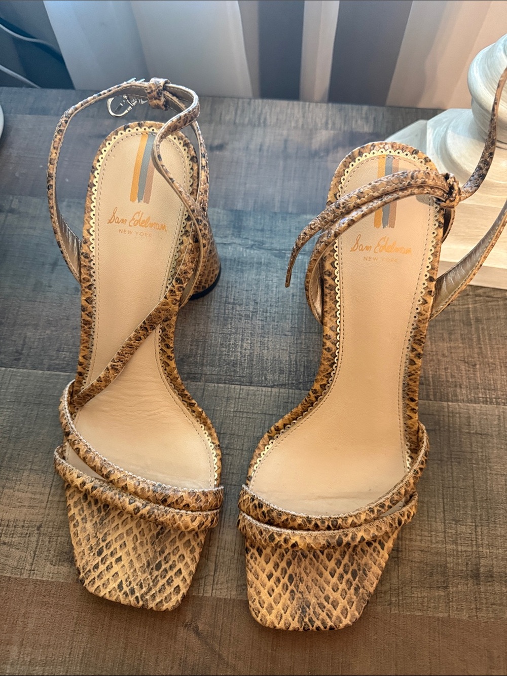 Sam Edelman Snake-Print Ankle Strap Heels in Tan